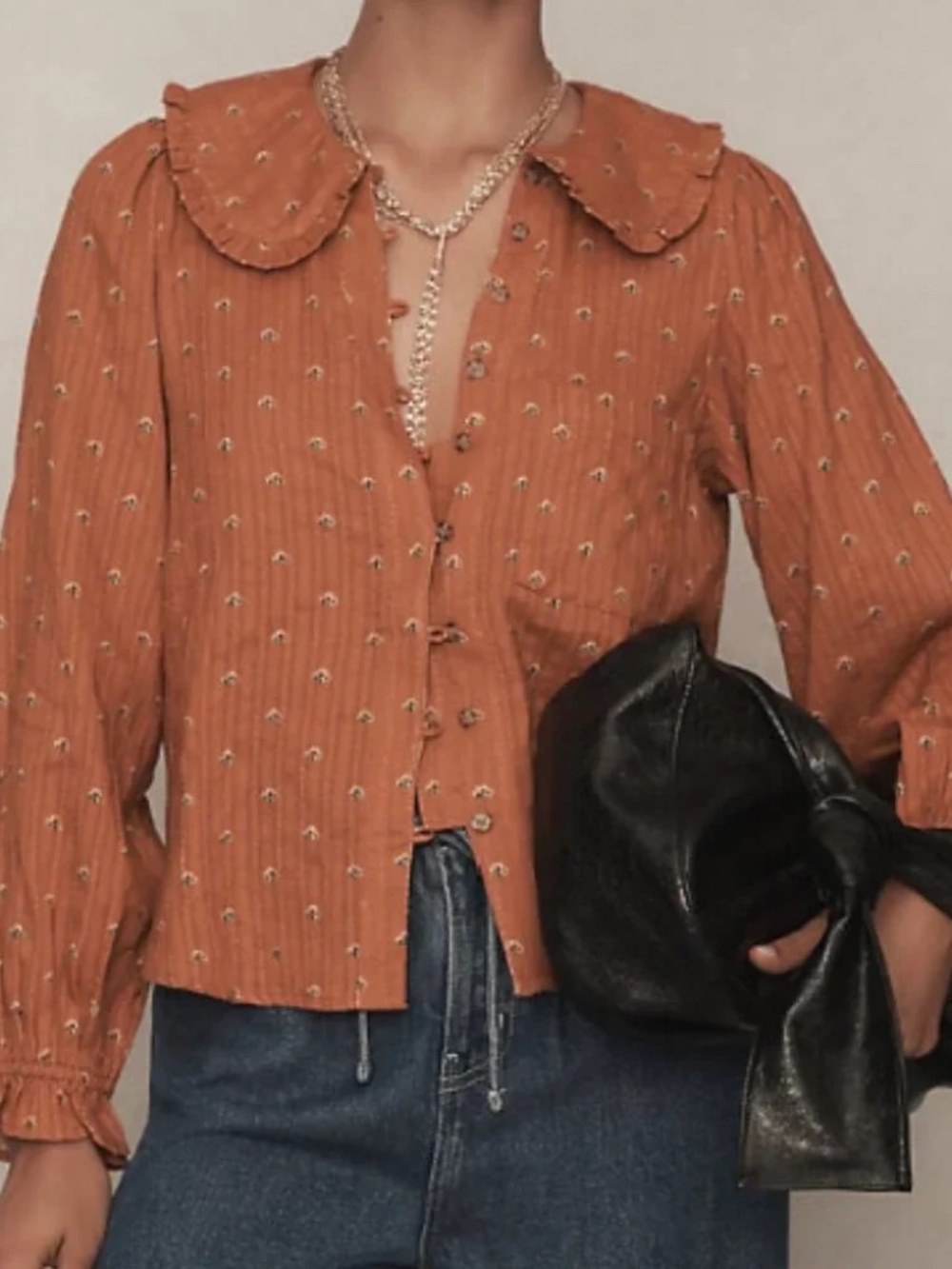 Anthropologie Pilcro Keira Brown Floral Collared Button-Front Long Sleeve Blouse - Picture 7 of 7